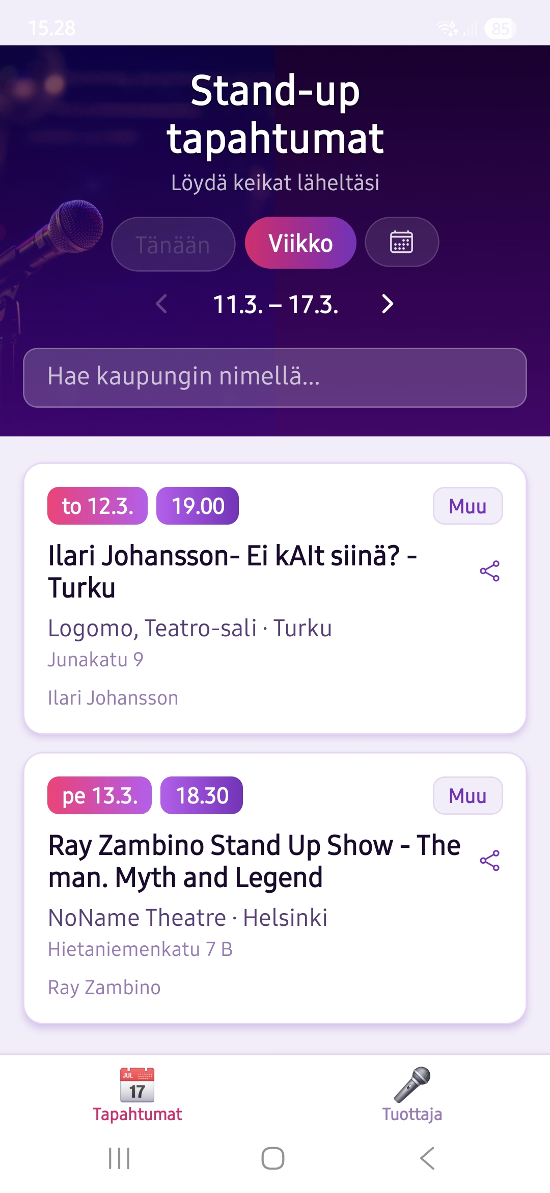 Stand-up tapahtumat – kuvakaappaus